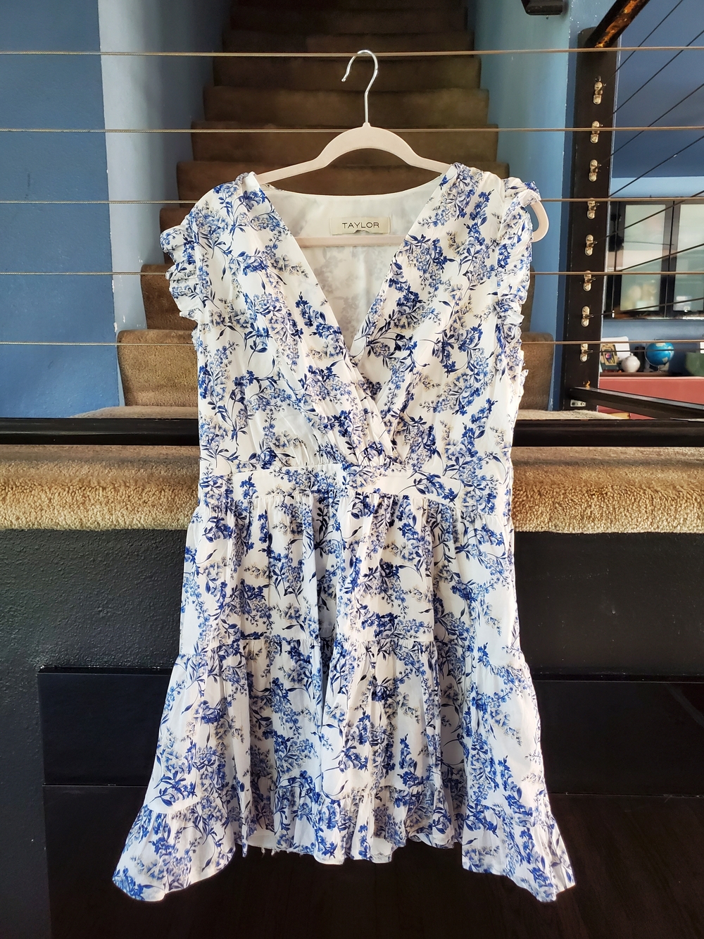 Taylor White Dress with Blue Floral Print Midi